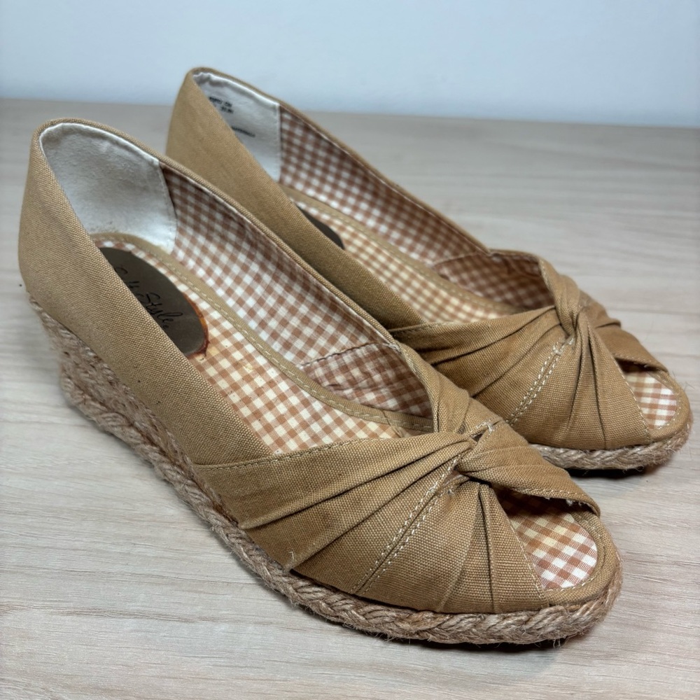 Cute Soft Style Brown Tan Knotted Wedges Jute Heel Peep Toe 8M